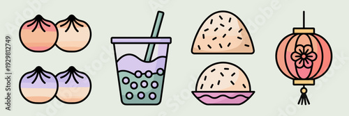 Pastel aesthetic Lunar New Year feast icons - Suitable for feminine branding or soft-themed holiday graphics.
