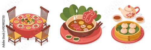 Isometric 3D Lunar New Year dining icon collection - Suitable for festive social media posts or restaurant branding.