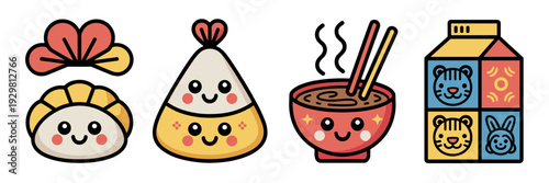 Cute Lunar New Year food icons for kids – Ideal for school clip art.