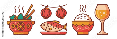 Flat design reunion dinner icon sheet – Suitable for posters or social media.