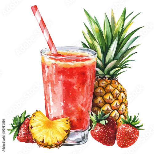 Pineapple Strawberry Juice, watercolor illustration featuring soft shadows and luminous, isolated on a white background.