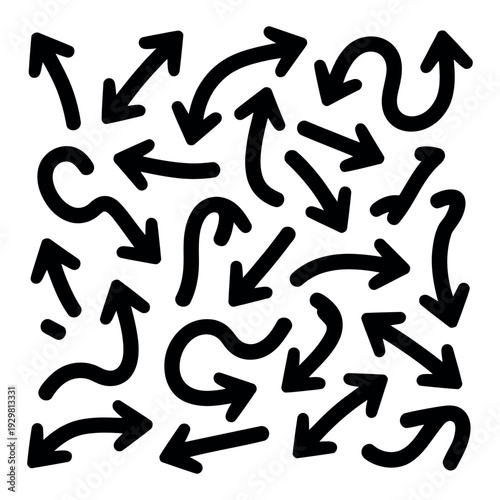 A chaotic arrangement of black arrows on a white background