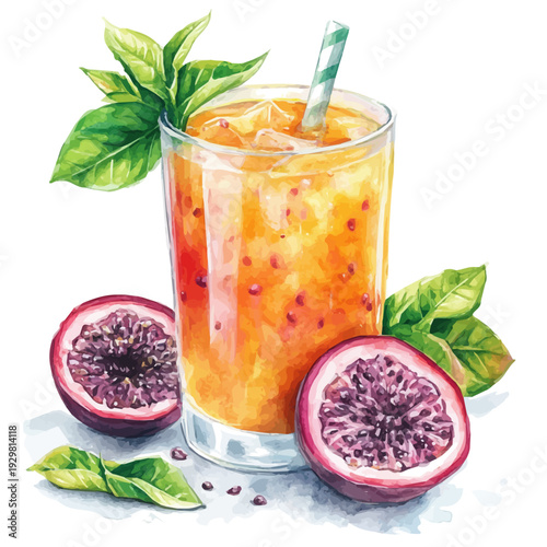 watercolor of Passion Fruit Juice draw graphic, isolated on a white background.