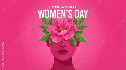 An illustration of a woman's face with a pink flower covering her eyes and the words International Women's Day written above her head on a pink background