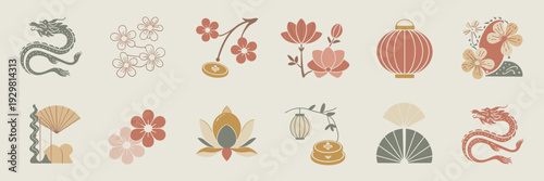 Boho style Lunar New Year icons in muted colors with dragon