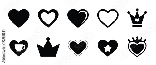 Collection of Black Silhouette Icons Featuring Hearts and Crowns on a White Background