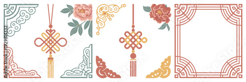 Lunar New Year decorative frames and peony icons for invitations