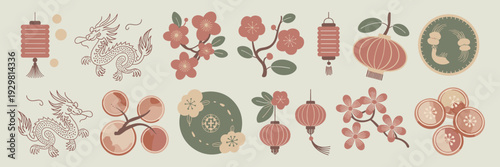 Aesthetic Lunar New Year planner icons in sage and dusty rose