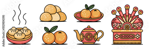 Traditional New Year food icon collection with dumplings and tea