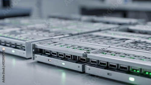Medium view of USB duplication trays featuring closeup of USB ports and LED signals with a subtle blurred background for techfocused clarity.