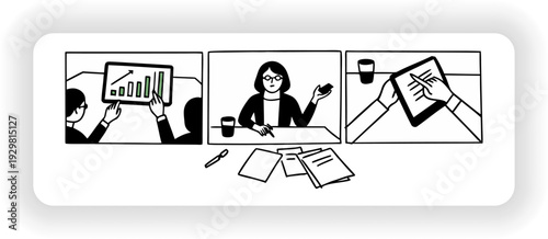 Business Meeting Sketches: A set of sketches capture a modern business meeting scene, featuring individuals interacting with tablets and engaging in discussions and a cup of coffee.