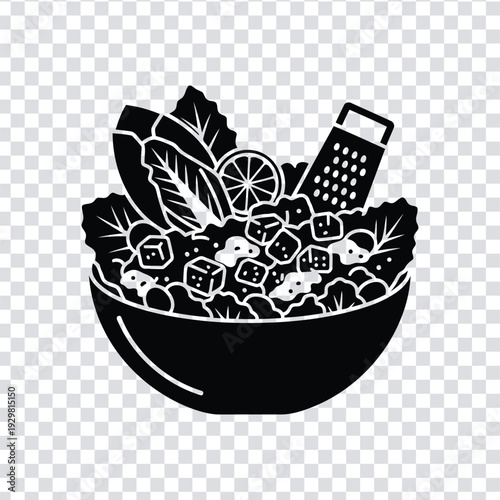 Black and white illustration of a bowl filled with salad ingredients and a grater