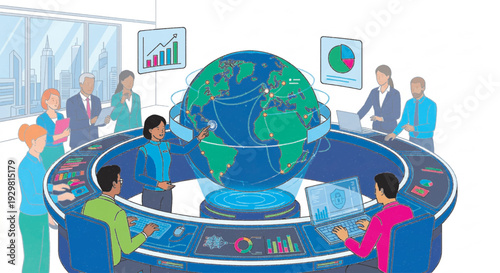 Flat vector illustration of a professional analyzing simplified global earth data hologram with minimalist network connections and data charts