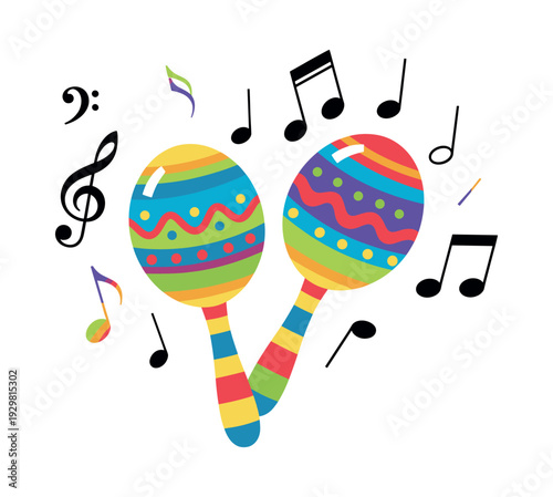 Pair of vibrantly colored maracas rattling with music notes and clefs, representing festive Latin sounds