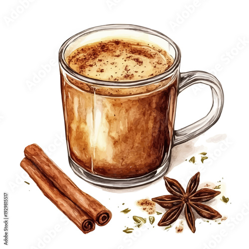 Masala Chai, watercolor painting with colorful accents, isolated on a white background.