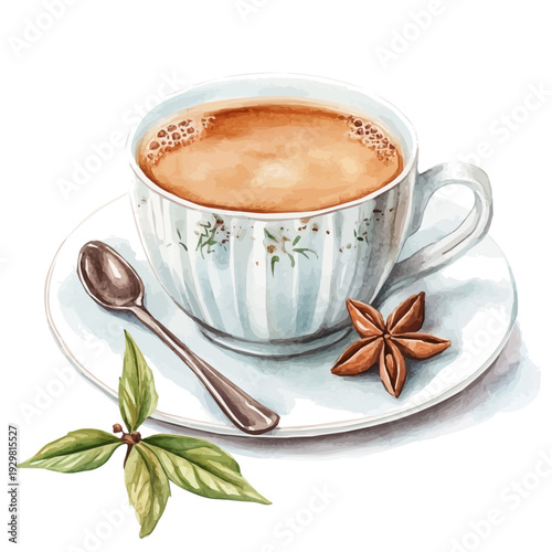 Masala Chai, watercolor artwork with intricate patterns and vibrant, isolated on a white background.
