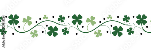Seamless Border of Green Clover Leaves and Black Dots on White Background shamrock four leaf clover