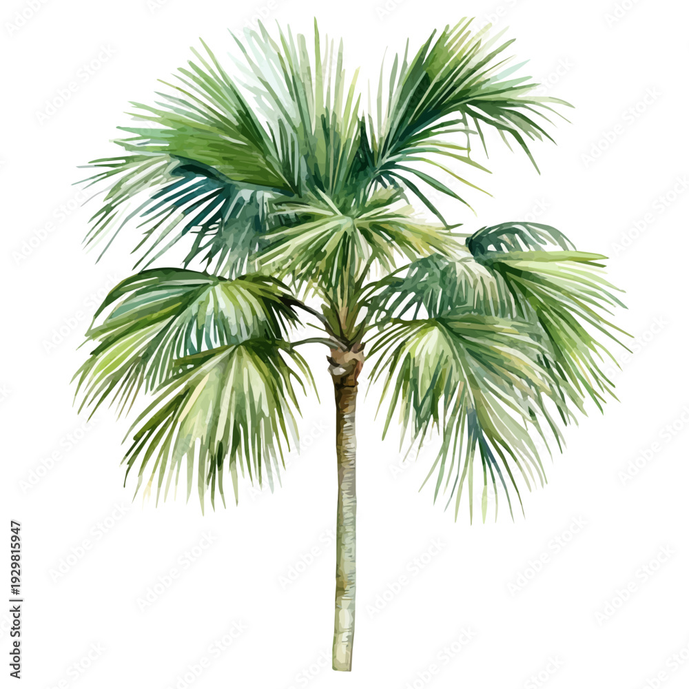 Obraz premium Majesty Palm, watercolor clipart showing delicate textures and whimsical forms, isolated on a white background.