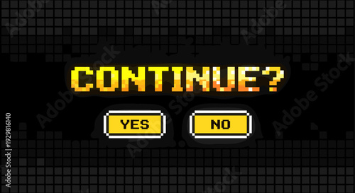 Retro pixel art game continue screen with yes or no buttons on dark grid background