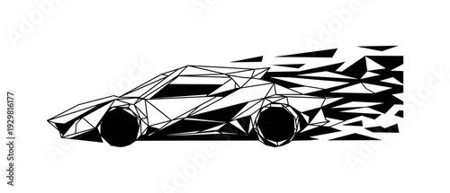 Geometric abstract racing car in motion with triangular fragmented design