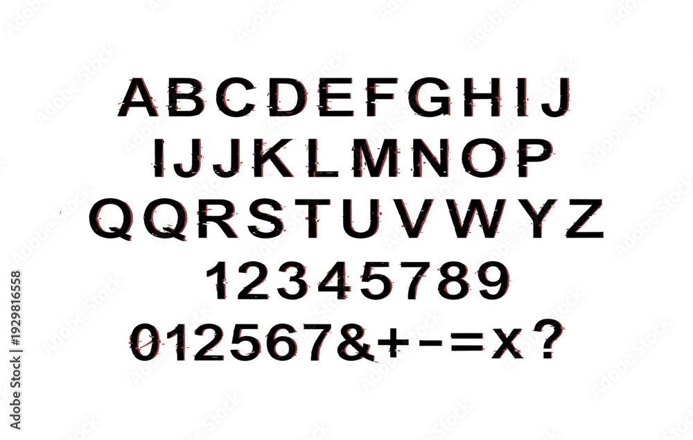Fototapeta premium Distorted grunge effect alphabet and numbers set in black and red