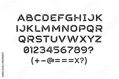 Modern geometric font with abstract angular design featuring uppercase letters and symbols