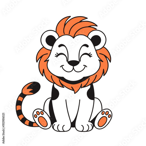 Cute cartoon lion sitting with a happy expression and orange and black fur Vector, illustration