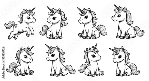 Adorable unicorn collection in various poses, perfect for childrens designs and fantasy themes.