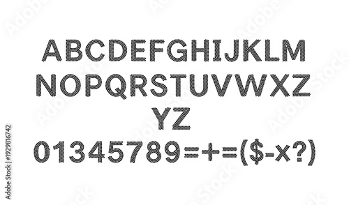 Halftone pattern alphabet and numbers set with punctuation symbols