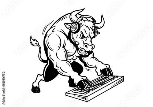 Muscular Bull Wearing Headphones Typing on Keyboard Mascot.