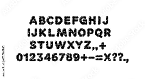 Black comic style alphabet with stars and dots on white background