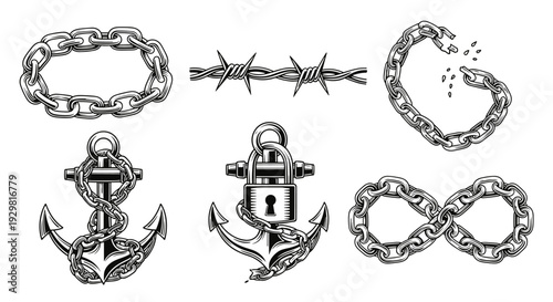 Vintage Engraved Chain Barbed Wire Anchor Padlock Infinity Symbol Set.