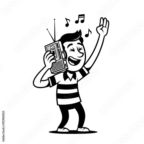 Happy Man Grooving to Music from a Retro Boombox.