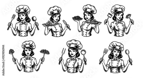 Set of six vintage female chef illustrations with various kitchen utensils and food items.