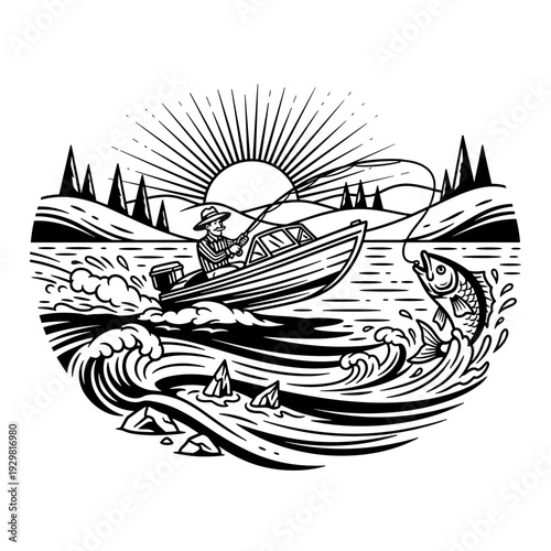 Fisherman in a boat catching a fish in a lake at sunrise.