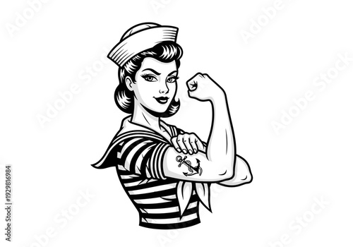 Strong female sailor flexing bicep in classic pin-up style illustration.