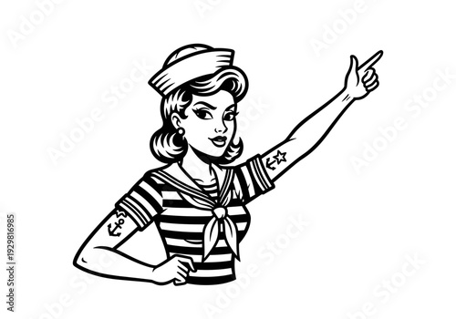 Vintage Sailor Girl Pin-Up Pointing Retro Style Illustration.