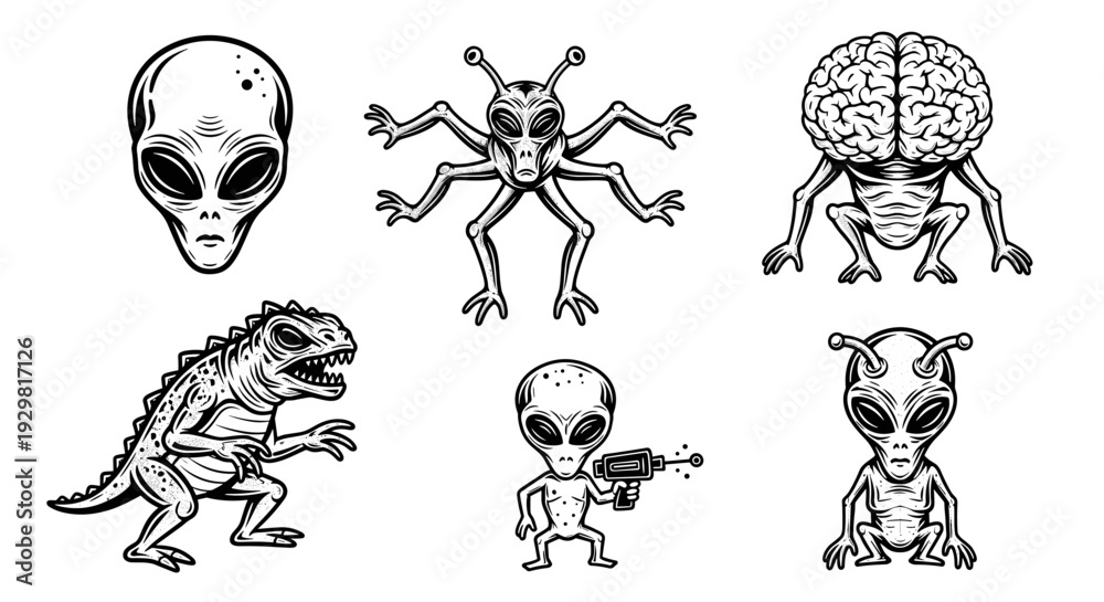 Fototapeta premium Set of various alien creatures and monsters in a vintage engraving style.