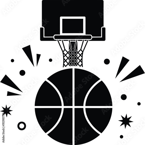 Basketball and hoop, net, and backboard for spot illustration. 