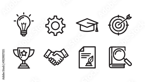 Business Concepts Icons: Idea Gear Graduation Target Trophy Handshake Document Magnifying Glass