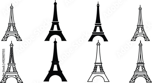  Eiffel Tower silhouette icons collection. 