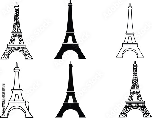  Eiffel Tower silhouette icons collection. 