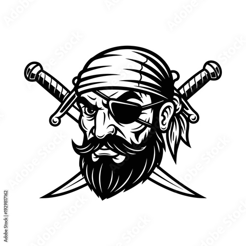 Vintage Pirate Head with Crossed Swords Illustration.