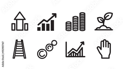 Business Growth Icons: Upward Trends Investment and Success Symbols