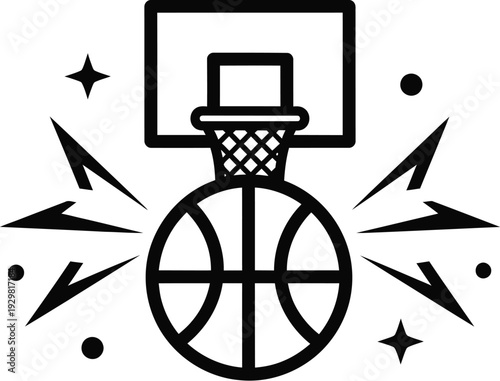 Basketball and hoop, net, and backboard for spot illustration. 