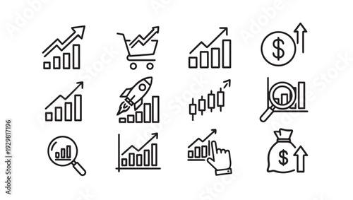 Business Growth Icons: Upward Trends Sales Rocket Money Bag Magnifying Glass