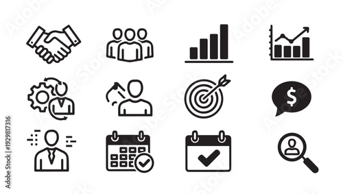 Business Icons Set: Handshake People Charts Target Calendar Money Magnifying Glass