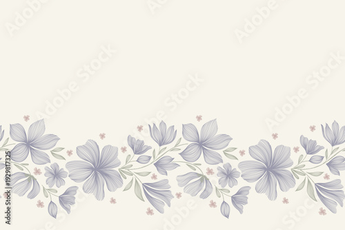 Vintage floral ethnic tapestry modern embroidery texture boho design vector illustration hand drawn silhouette indigo blue flower motif branches leaves wallpaper seamless background border