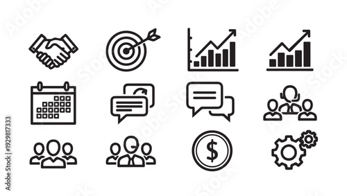 Business Icons Set: Handshake Target Growth Chart Calendar Chat People Money Gears