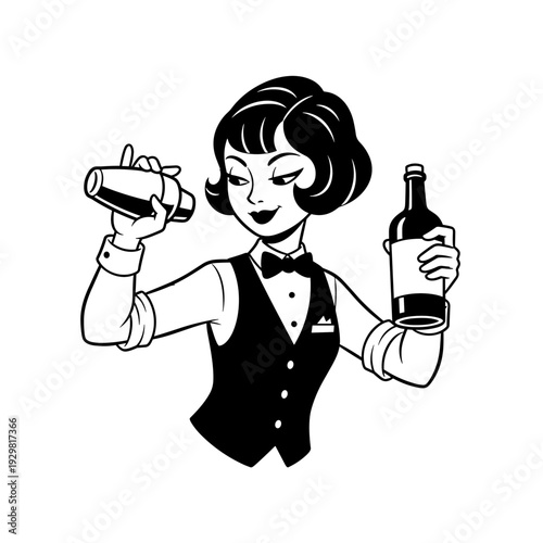 Elegant Female Bartender Shaking Cocktail and Holding Wine Bottle.